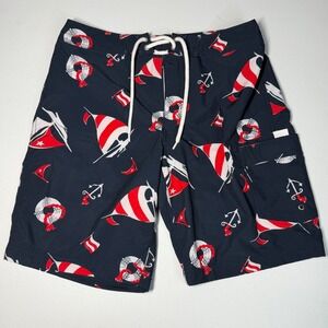 J.Crew Flex Swim Trunks Men's 29‎ Navy Blue Sailboat Anchor Print Stretch Swim